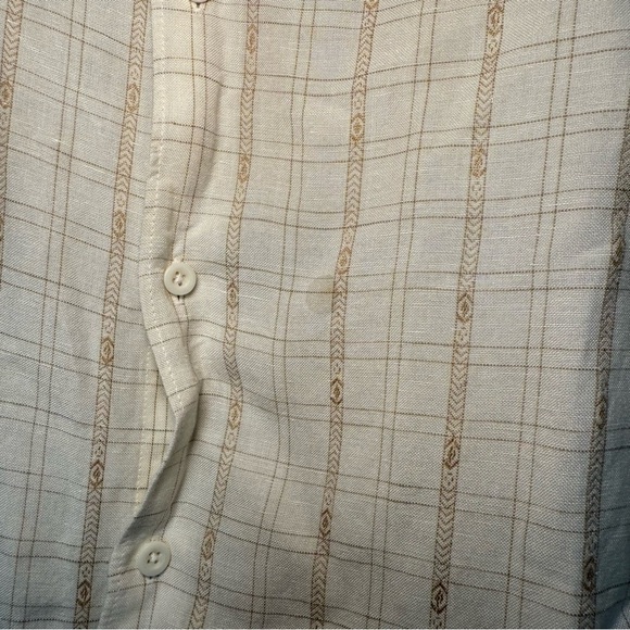 Cubavera Large Stone Beige+ Tan Aztec Plaid Khaki Trim Linen Rayon BD Shirt M - Picture 3 of 10